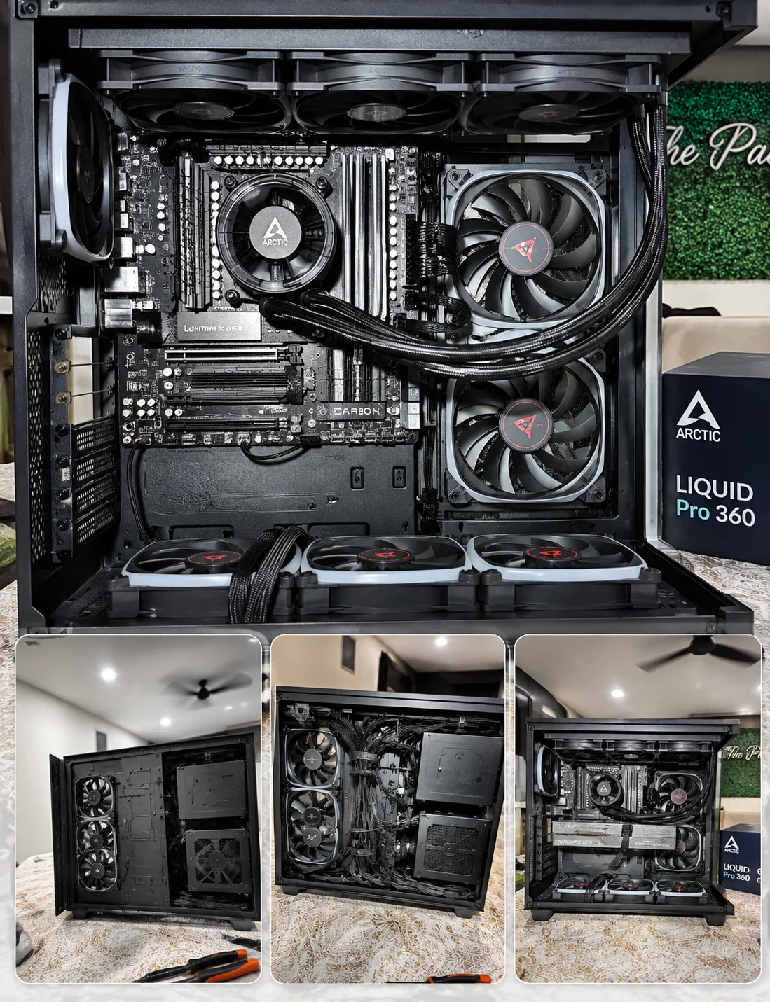 Photo collage showing a black PC case, motherboard, liquid cooling and fans during assembly.