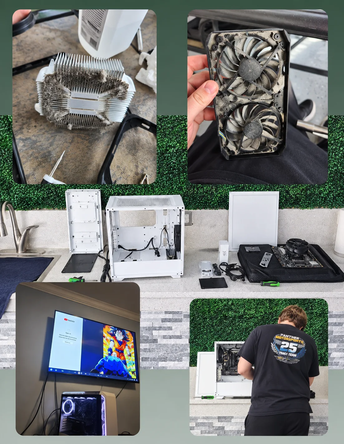 Photo collage of a dusty heatsink and graphics-card fans, disassembled PC parts, and hands-on computer work.
